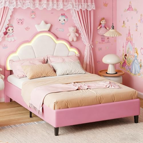Poeahu Lit Enfant Rembourré 140 x 200 cm Lit Princesse Fille avec Tête de Lits LED Réglable et Sommier à Lattes, Design Couronne de Princesse, LiT Adolescent pour Fille et Adultes, ​​Rose