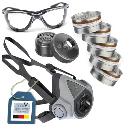 BARTELS RIEGER Atemschutz Starter-Set mit Halbmaske BariMask HF, 5x A1P2 Steckfilter 39 ASt, Filteraufnahme 5570/70 & Schutzbrille – Arbeitsschutz Maske für Lackierer, Handwerker etc.