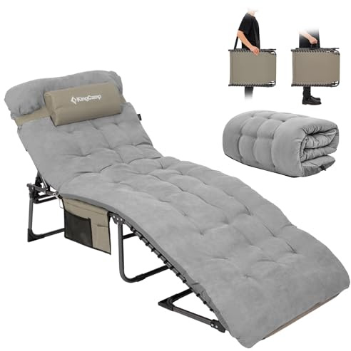 KingCamp Fällbar solstol med 5 cm madrass, upp till 180 kg, 5 justerbara positioner, reclinable trädgårdsstol med kudde och sidficka, bärbar campingsäng för strand, terrass och pool