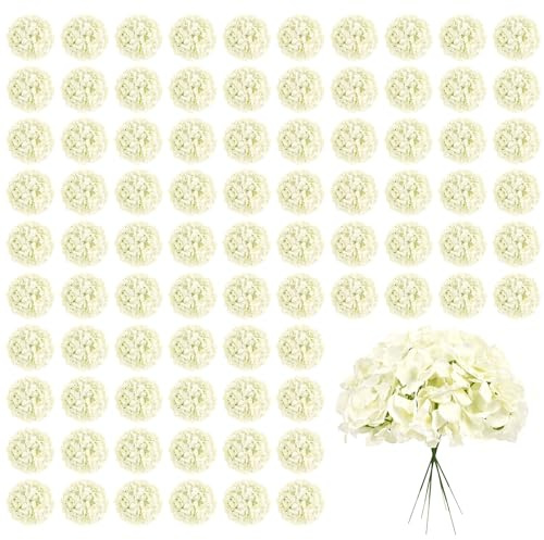 Pesonlook 100Pcs Hydrangeas Artificial Flowers,Ivory Silk Fake Hydrangeas Flowers Heads with Stems,Full Hydrangeas Flowers for Wedding Centerpieces,Party,Arch,Home Garden,Festival Decoration