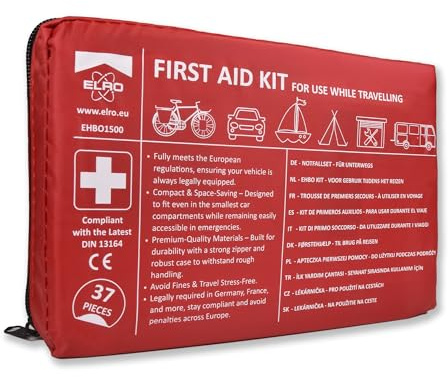 ELRO EHBO1500 Kit de premiers secours pour voiture et maison 37 pièces – Trousse de premiers secours avec gilet de sécurité – Conforme à la norme DIN13164 et aux réglementations européennes