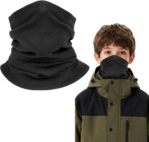 DIPZO Kids Neck Warmer Snood, Winter Fleece Winter Scarf for Boys and Girls, Windproof Neck Gaiter for Skiing, Running, Cycling, Outdoor Sports (Black)
