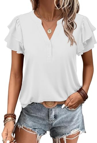 Cuptacc Tee Shirt Femme Haut Femme Chic Et Elegant T-Shirts à Manches Courtes Basique Col en V Top Couleur Unie Blouse Ete Blanc XXL 50-52