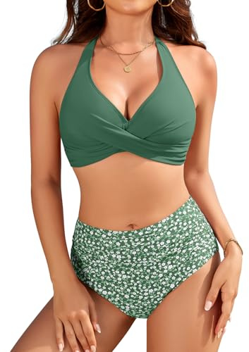 UMIPUBO Maillot De Bain Femme 2 Pieces Taille Haute Gainant Ventre Plat Cache Ventre Col en V Sexy Haut sans Bretelles Haut À Dos Nu Rembourré Ado Fille Bikini