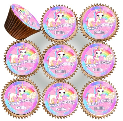 30 x CUTE UNICORN BIRTHDAY PERSONALISED EDIBLE ICING 3.8 cms CUPCAKE TOPPERS DECORATIONS D-745