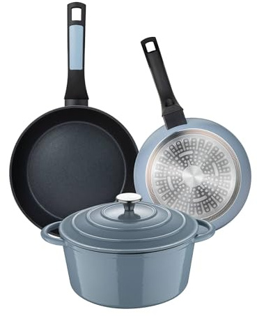 Juego de 2 Sartenes de Ø20Ø26cm Aluminio prensado + Cacerola con tapa Ø25,5x12cm (5L) en Hierro fundido color Azul NOIA San Ignacio