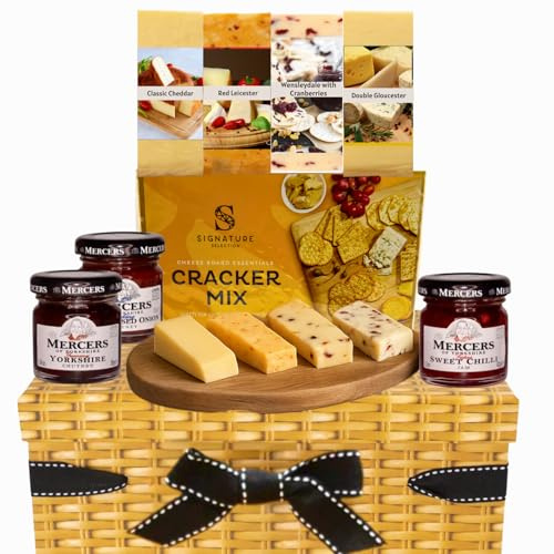 Cheese Hampers Gift Set - 4x Cheeses, 3x Chutney, Crackers in a Wicker Box - Cheeseboard Gift Set, Food Hampers, Cheese Selection Box, Birthday Gifts for Men & Women, Fathers Day Hamper