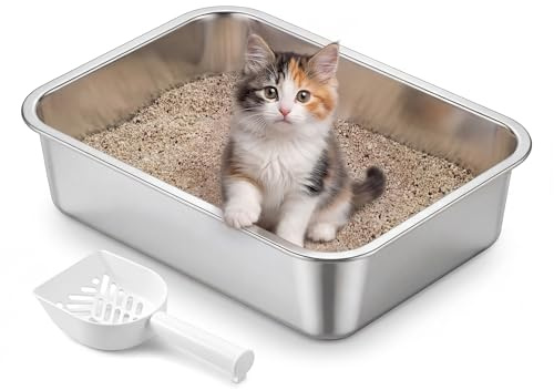 Feandrea Katzenklo Edelstahl, offen, mit Schaufel, M, 40 x 30 x 10 cm | Katzentoilette, antihaftbeschichtet, geruchsfrei, leicht zu reinigen, BOXAL Kollektion PPT013E101