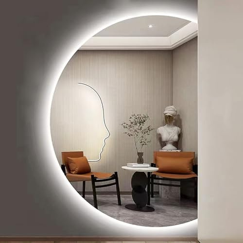 Aenmezen Specchio da Bagno a LED Senza Cornice a Mezzaluna, Specchio Cosmetico a Parete Senza Cornice, 3 Colori Dimmerabile, Retroilluminato Antideflagrante(Right cut,90 * 60cm)