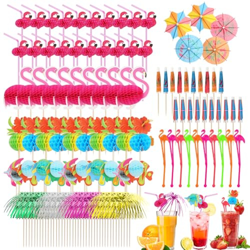 Cocktail Accessories for Drinks 120PCS Reusable Cocktail Party Decorations | with Cocktail Umbrellas Flamingo Straws Sticks for Hawaiian Tropical Party, Beach Bar, Summer Beach, Birthday, Picnics