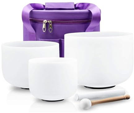 Hye-eun Juego de 3 cuencos tibetanos de cristal, 432 Hz, 8 pulgadas A/10 pulgadas E/12 pulgadas, color blanco mate, cuarzo, con bolsas de transporte, para yoga y sonido curativo