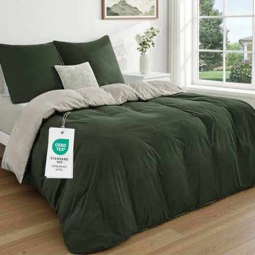 Duvetnova Bettwäsche 140x200 2teilig Olivgrün/Beige Bettwäsche-Sets Microfaser ÖKO-TEX Wendebettwäsche, weich & bügelfrei 1 Bettbezuge 140 x 200 + 1 Kissenbezuge 80x80cm -alle mit Reißverschluss