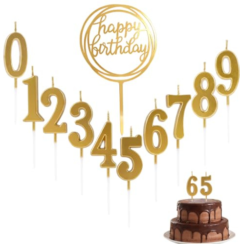 Lot de 10 Bougies Numériques 0 à 9 + Décoration Gâteau Pailletée Joyeux Anniversaire, Dorées, pour Anniversaire et Mariage