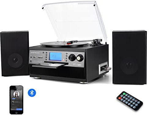 DIGITNOW! Bluetooth Viny Record Player, Turntable for CD, Cassette, AM/FM Radio and Aux in, USB port and SD Encoding, Remote Control, with Standalone Stereo Speakers