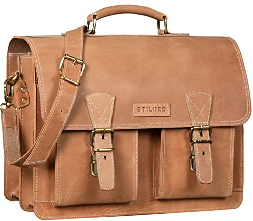 STILORD Jeffrey Lehrertasche Aktentasche Leder Große Vintage Ledertasche zum Umhängen 15.6 Zoll Laptop Tasche für Schule Uni Business Trolley Aufsteckbar Farbe:princeton - braun