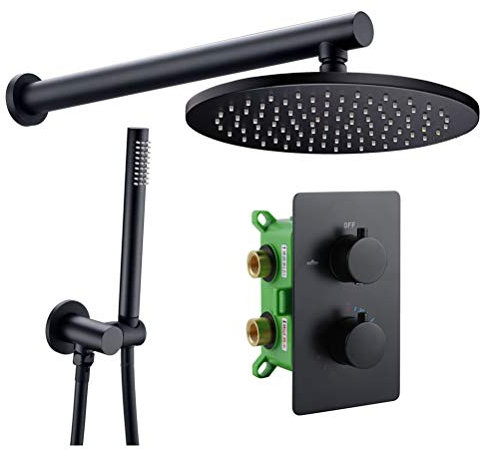 Wanym Duschsystem Ventil aus massivem Messing Eingebauter Thermostat mit Zweiwege Lautstärkeregler Set Brausethermostat Set Matt Schwarz Duscharmaturen, 12inch