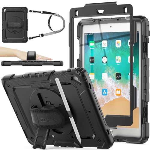 SEYMAC stock Hülle für iPad 6./5./Pro 9,7/Air 2 9,7 Zoll, Stoßfest Hülle mit Displayschutzfolie, Stifthalter, 360 Drehbar Ständer/Handschlaufe & Schultergurt, Schwarz