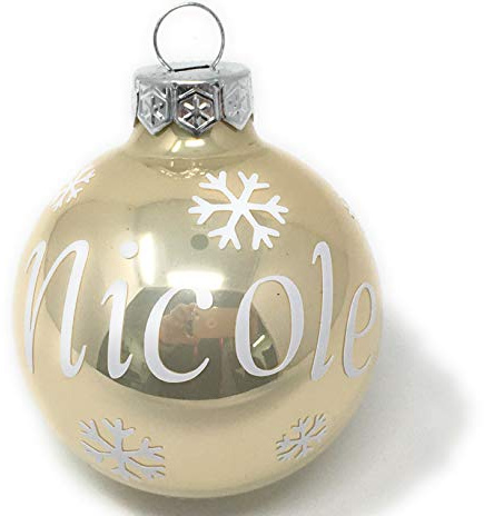 Weihnachtskugel mit Name aus Glas 6cm Wunschtext creme Glänzend Personalisierte Christbaumkugel