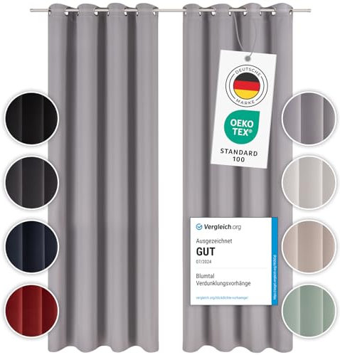 Blumtal Verdunklungsvorhänge 2er Set - Thermovorhang Hitzeschutz - Vorhang Blickdicht mit Ösen - Gardinenschals mit Schlaufen - Lärmschutzvorhang-Gardinen 145x140cm - Schlaufenschal - Gardine Grau