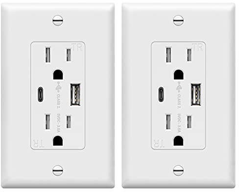 TOPGREENER USB Outlet, Type C USB Wall Outlet, 15 Amp Tamper Resistant Receptacle Plug, Charging Power Outlet with USB Ports, Wall Plate Included, UL Listed, TU21536AC-W-2PCS, White, 2 Pack