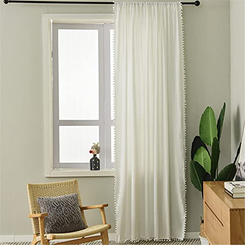 EXQULEG 1pcs Vorhänge Boho Voile Vorhang mit Pompons Transparent Baumwolle und Leinen Chic Gardine für Wohnzimmer Schlafzimmer (Weiß,140 * 215cm)
