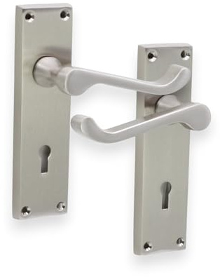 Infinity Decor Satin Nickel Victorian Scroll Lever Latch Lock Bathroom Privacy Door Handles, Suitable for All Types of Internal Doors (Lock Handle)
