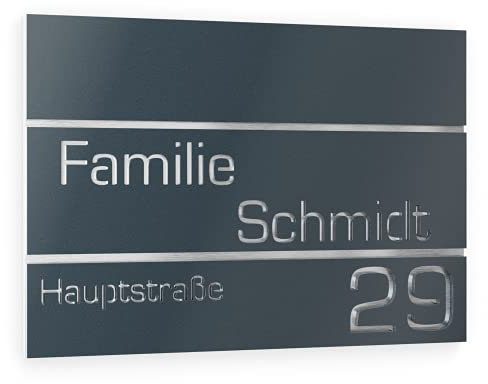 Graviers Design Hausnummer aus V2A Edelstahl 380x264mm - Anthrazit RAL 7016 - Rostfrei UV-beständig Individuell anpassbar Straße Nummer Familie Name - Made in Germany