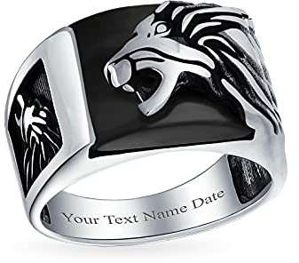 Personalisierte Herren Edelstein Großen Schwarzen Onyx Löwe Ring Für Männer .925 Sterling Silber Individuelle Gravur