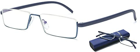 VEVESMUNDO Anti Blaulicht Lesebrille mit Etui Metall TR90 Flexibel Leicht Kleine Halbrand Sehhilfe Lesehilfe Brille für Herren Damen(1 Stück Blau Lesebrille mit Hülle, +1.75)