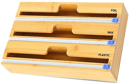 YDFYX Folienschneider,Frischhaltefolie abroller, Folienspender ​Aus Bambus Frischhaltefolie, Wachspapierrolle Bambusholz Organizer Für Küchenschublade (3 Steckplatz)