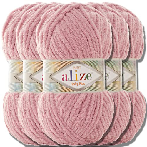 Alize 5x 100g Softy Plus türkische Wolle Super Bulky Chenillegarn Babywolle Handstrickgarn ohne Nadel zum häkeln weiches Chenille-Garn XXL-Knäuel für Amigurumi (Pink Rose | 295)