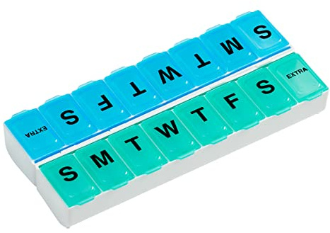 EZY DOSE Weekly (14-Day) Pill Organizer, Vitamin and Medicine Box, Large Snap Compartments, Easy-To-Open, BPA Free, Blue and Green