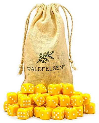 Waldfelsen® Högkvalitativa tärningar, 6, 12, 20, 30 eller 50 stycken, i standardstorlek: 16 mm, 6-sidiga akryltärningar, speltillbehör, i set med tygpåse (gul, 50 stycken)