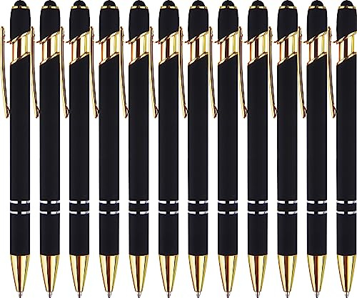 LINFANC 12 Pack Black Gold Ballpoint Pen with Stylus Tip, 1.0 mm Black Ink Smooth Writing Pens, Metal Stylus Pens for Touch Screens
