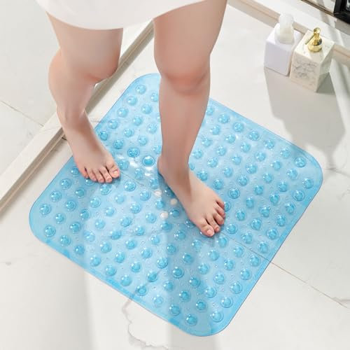 HITSLAM Alfombrilla Ducha Antideslizante, 53X53cm Alfombrilla Bañera Antideslizante con Ventosas, Lavables a máquina Alfombrilla Baño, Suave en los pies, Azul
