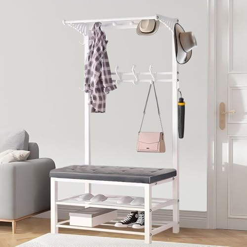 WPPTNSFY Garderobe mit Sitzbank 4 in 1 Garderobenständer mit 14 Haken, Garderobenständer mit Schuhablage Metallgestell Garderobe Garderobenständer für Flur Schlafzimmer Wohnzimmer