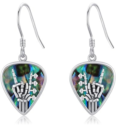 CUPENDA Gitarren Ohrringe aus Sterlingsilbe Gitarren-Plektrum Rock’n’Roll Ohrhängergar mit Totenkopf Handmotiv Musik Schmuck für Frauen