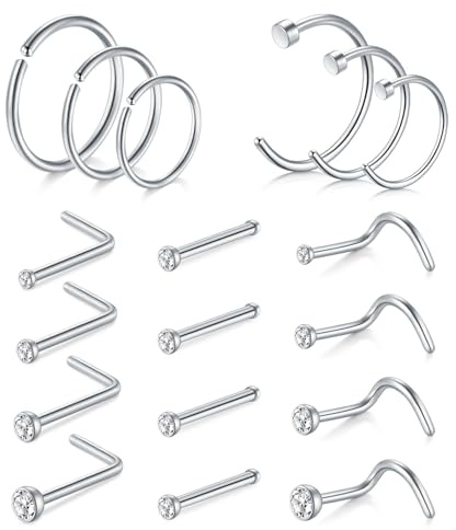 AVYRING Viti per Orecchini Nasali in Acciaio Inox 18G con Zirconi Cubici, Set di Anelli Nasali per Uomo e Donna, Confezione da 18 Pezzi