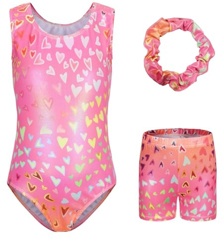 Sinoeem Maillot de gimnasia para niñas, manga larga/sin mangas, ropa de danza, ballet, pantalones cortos deportivos y diadema de colores brillantes para niñas de 5 a 12 años