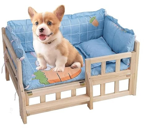 SAAKO Hundebetten Erhöhtes Hundebett mit Bettwäsche, Leitplanke, erhöhtes, kühlendes Haustierbett, Hundebettrahmen aus Holz für große/mittlere Hundehütten Robuste Struktur