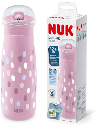 Gobelet à couvercle rabattable et paille NUK Mini-Me pour bébé | 12+ mois | 450 ml | Biberon pour enfant | Bec renforcé anti-fuites | Résistant aux chocs | Taches roses