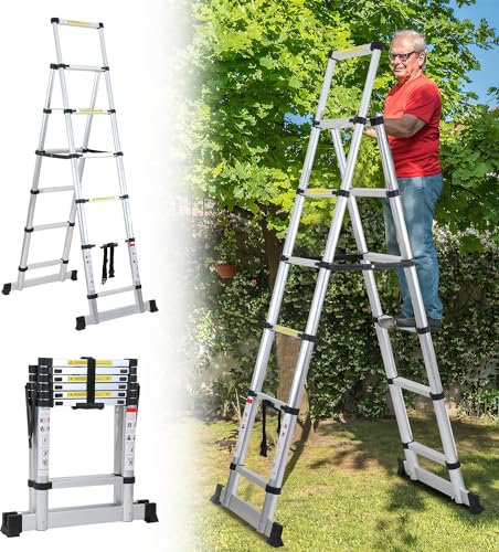 Ansobea 1,7m + 2,0m Klappleiter Teleskop Klappbar Teleskopleiter Aluminiumleiter Leiter Ausziehleiter Teleskopleiter Schiebeleiter Stehleiter Leiter Maximale Tragkraft von 150kg Gerüstleiter
