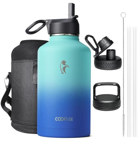 Coolflask Borraccia termica 2 l, 3 coperchi con cannuccia e beccuccio, borraccia sottovuoto in acciaio inox, per sport, viaggi, palestra, 48 ore fredde e calde