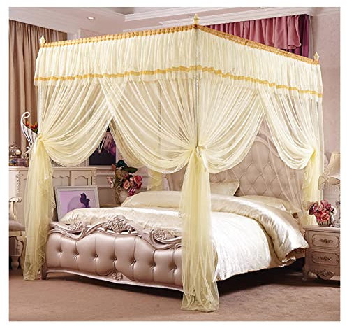 Betthimmel, 4 Eckpfosten, luxuriöser Bettvorhang für Twin-Queen-Doppelbett-Baldachin, verschlüsseltes Moskitonetz mit Montagehalterung (Farbe: Gelb, Größe: 120 x 200 x 200 cm)