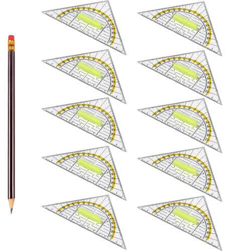 Geodreieck, 10 Geodreieck mit Griff Gelb, kostenloser 2B Bleistift, Geodreieck Klein Groß 15cm transparent, Geeignet für Studenten Büro Designer Malerei Schule
