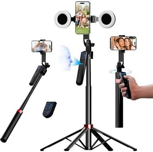 SENWOW 70 Auto Face Tracking Tripod for iPhone, 360 Rotation Travel Selfie Stick Mount with Remote, Gesture Control and Fill Light, Motion Sensor Phone Tripod for Tiktok YouTube Video Vlog Recording