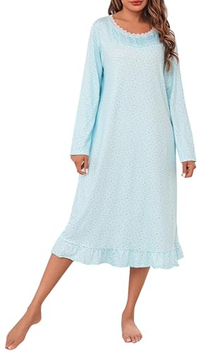 Aseniza Nachthemd Damen Langarm Lang Schlafshirt Leichte Sleepshirt Winter Nachtwäsche Viktorianisch Nachthemden für Damen Stillnachthemd S-XXL