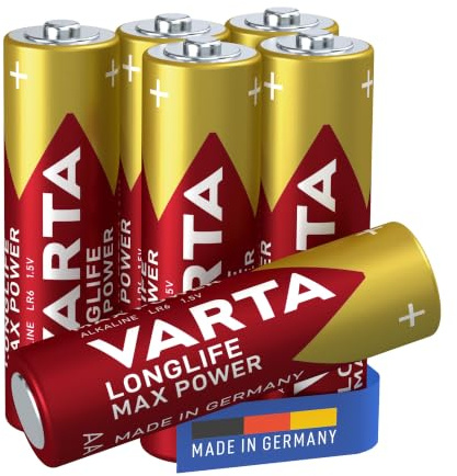 VARTA Piles AA, lot de 6, Longlife Max Power, Alcalines, 1,5V, emballage recyclé à 90%, adaptées aux appareils photo numériques, contrôleurs, Made in Germany | LR6 1,5 V, Made in Germany, conservation jusqu'à 10 ans, pour appareil photo numérique, flash, console de jeux, manette