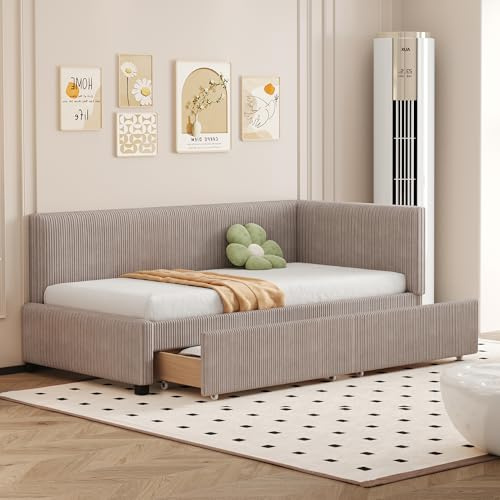 Soweiz Schlafsofa 90x200cm, Polsterbett, Multifunktionsbett mit 2 großen Stauraumschubladen und Lattenrost, Hautfreundlicher Samtstoff (Grau)