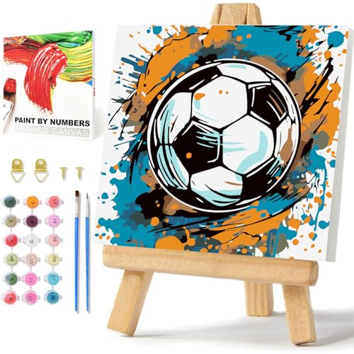 Daisen Art Peinture par numéros de football avec cadre et boîte, pour enfants, petit format, peinture par numéros de football à partir de 5, 7, 8, garçon, 20 x 20 cm